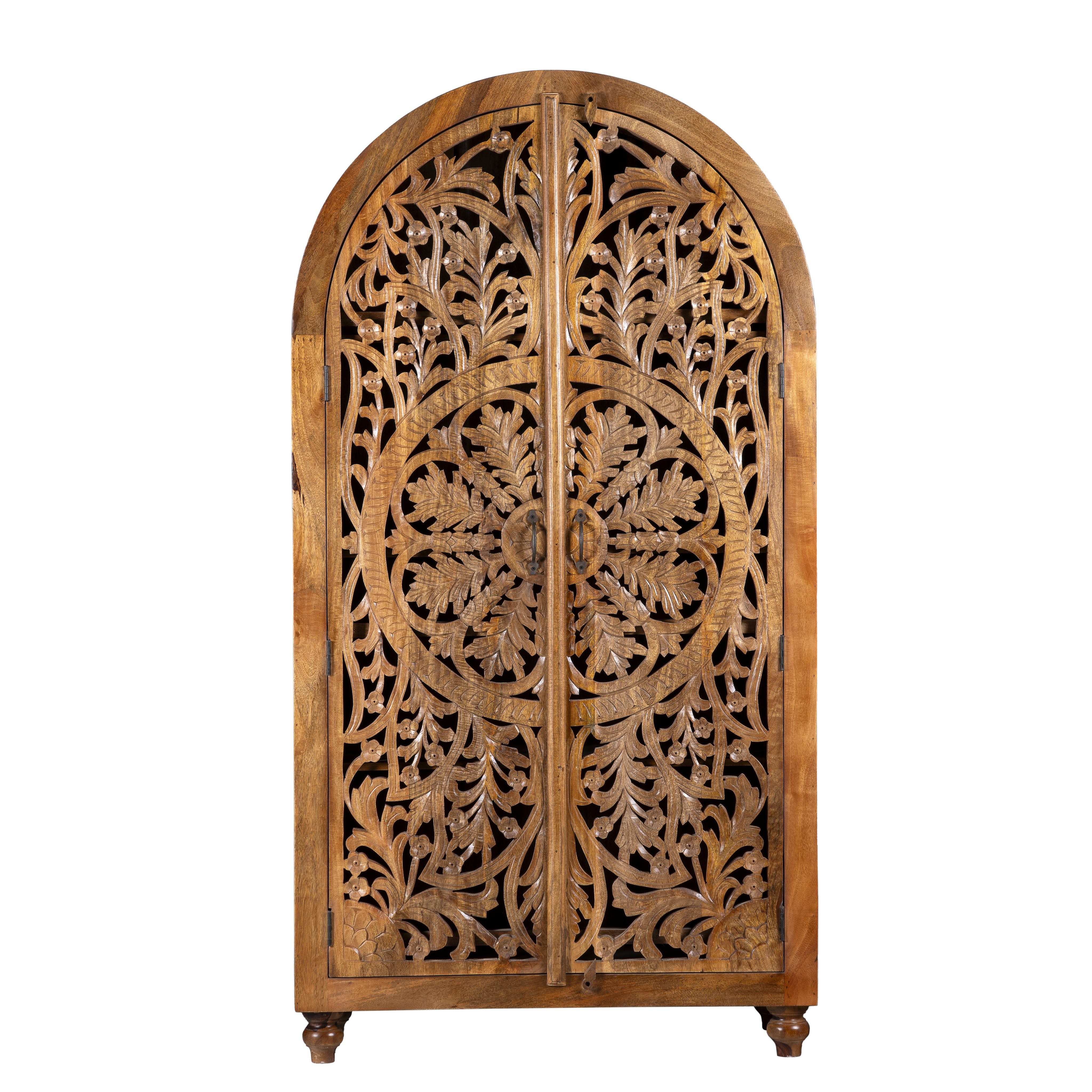 White background image of a half-round mango wood wardrobe with floral carvings, a unique example of sustainable furniture and artisanal furniture.