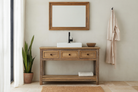 Lifestyle imagination of a sandblasted reclaimed wood bathroom console table with 3 drawers and open shelf; sustainable furniture, 120 × 50 × 80 cm.