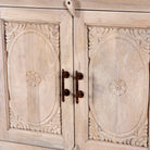 Close up image of a sandblasted mango wood console table with 4 doors and 3 drawers; Mediterranean-style vintage entryway table, water-protected surface, 200 × 42 × 100 cm.