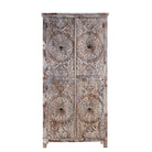 White background picture of a hand-carved acacia wood wardrobe with floral detailing and distressed finish – vintage living room furniture with artisan craftsmanship.