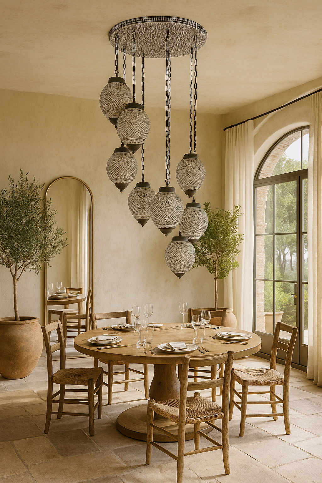 Lifestyle image of a mosaic pendant lamp Chahal with round ceiling panel and 7 hanging mosaic stone lights – handcrafted lighting design, 60 cm panel with 30x20 cm teardrop light bodies.