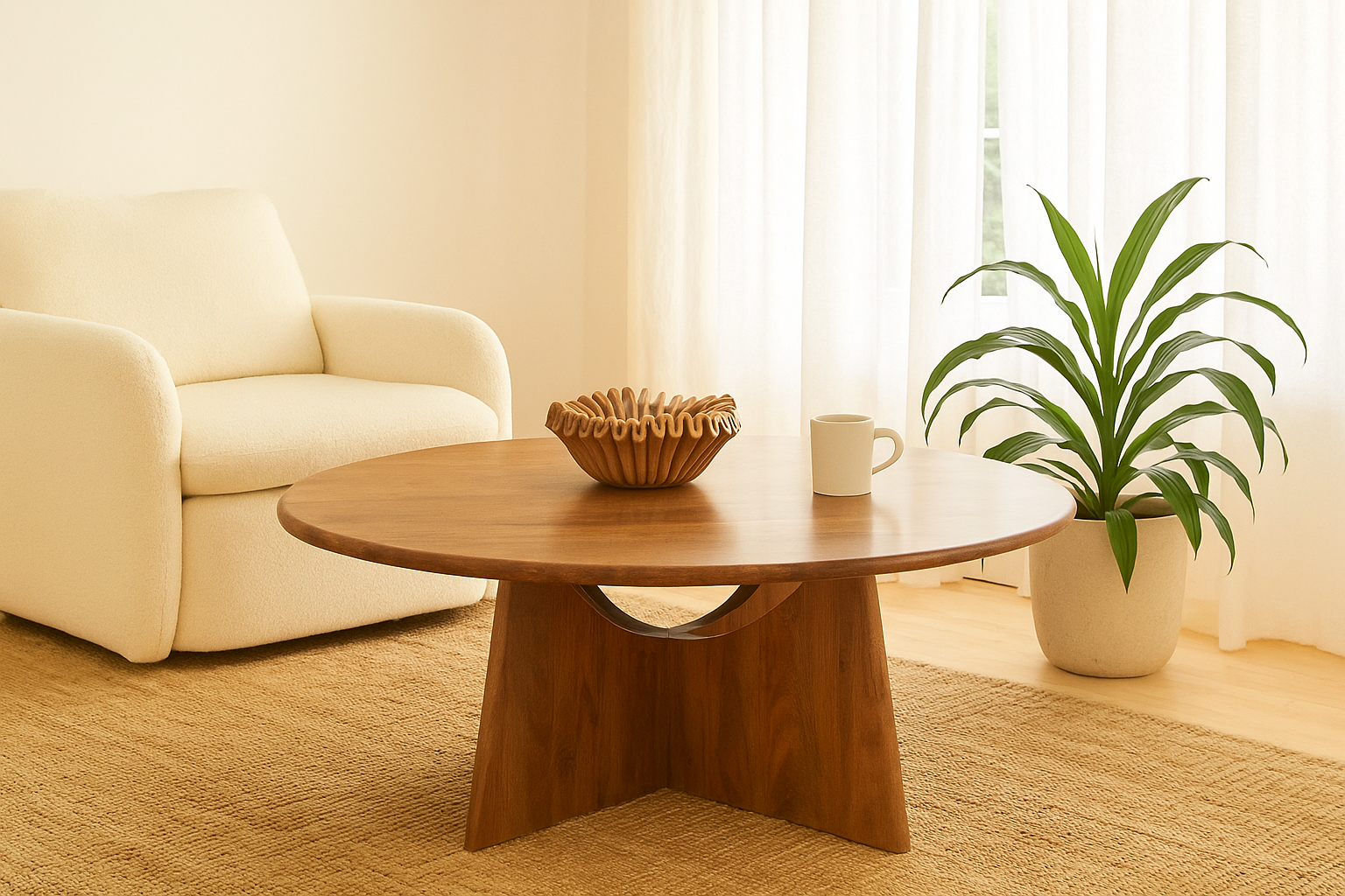 Lifestyle imagination of a round mango wood coffee table with rustic finish and cross-base design, Dia 120 × H 45 cm, living room furniture.
