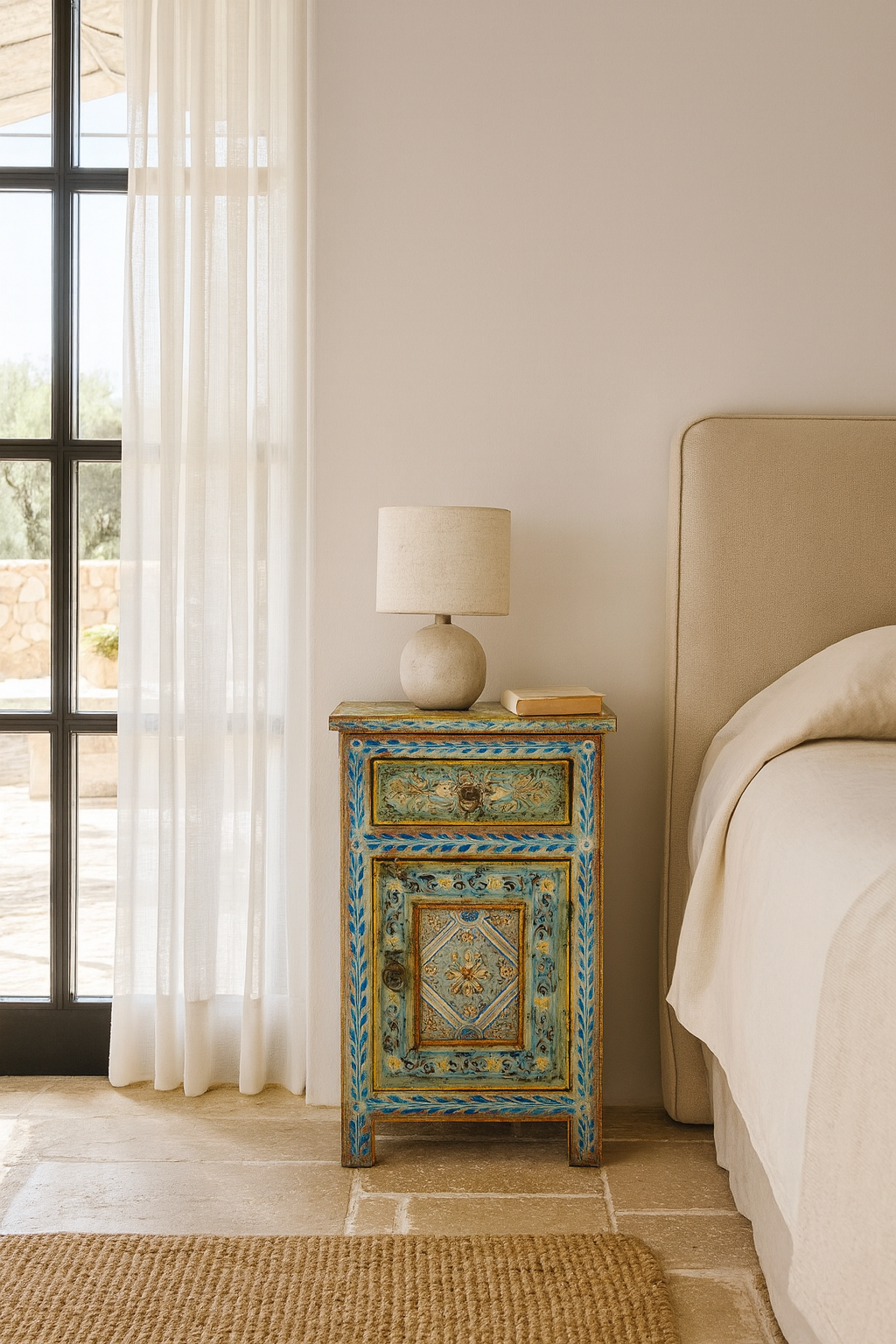 Lifestyle scene of a pair of hand-painted nightstands made of reclaimed wood in boho style, sustainable furniture with drawer and cabinet, 45 × 35 × 70 cm.