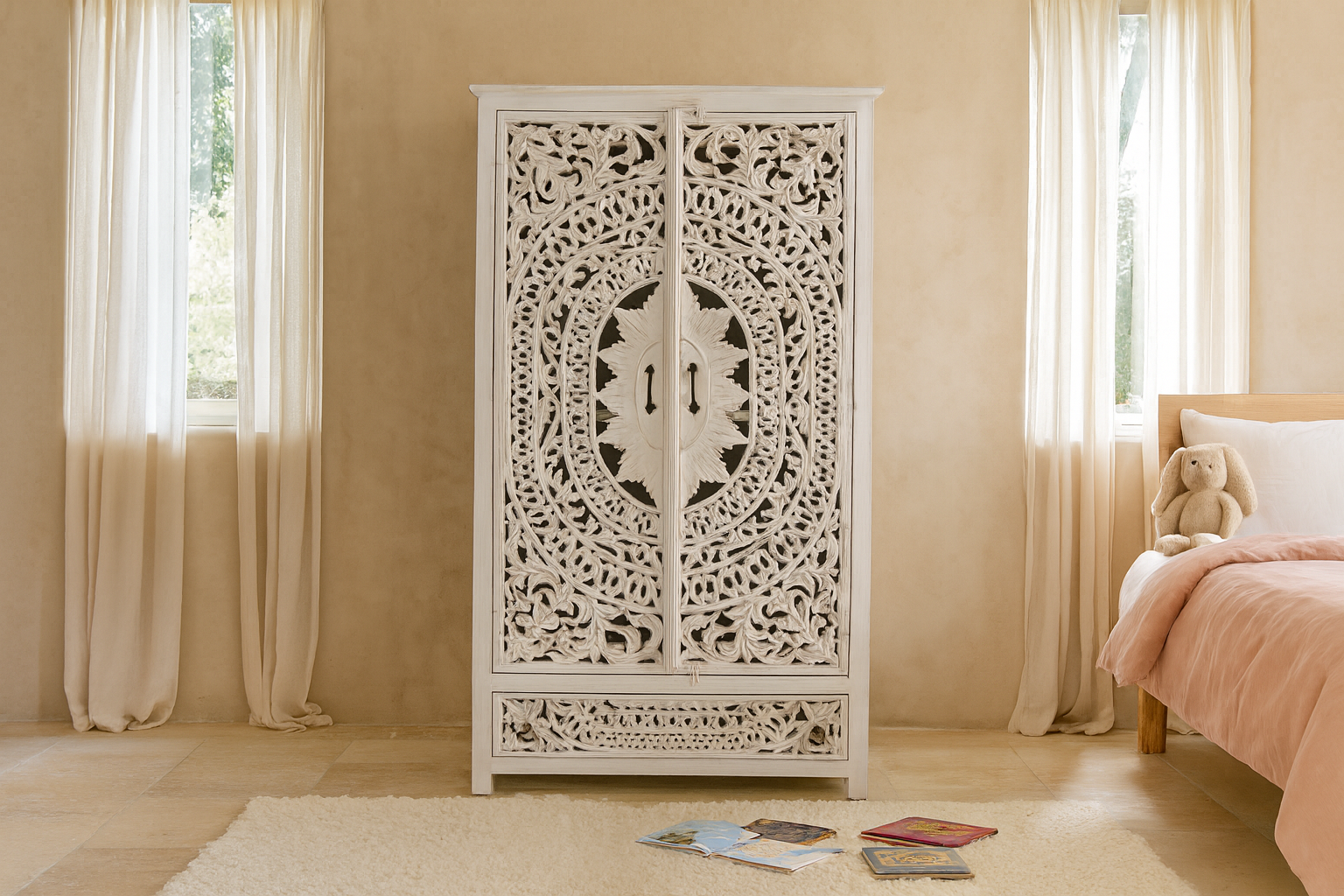 Lifestyle image of a hand-carved mango wood wardrobe with floral and geometric patterns and white-washed finish – carved wooden furniture for boho chic and Mediterranean-inspired interiors.