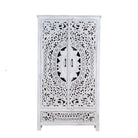White background image of a hand-carved wooden wardrobe in white-wash finish, perfect for a boho chic living room or bedroom storage.