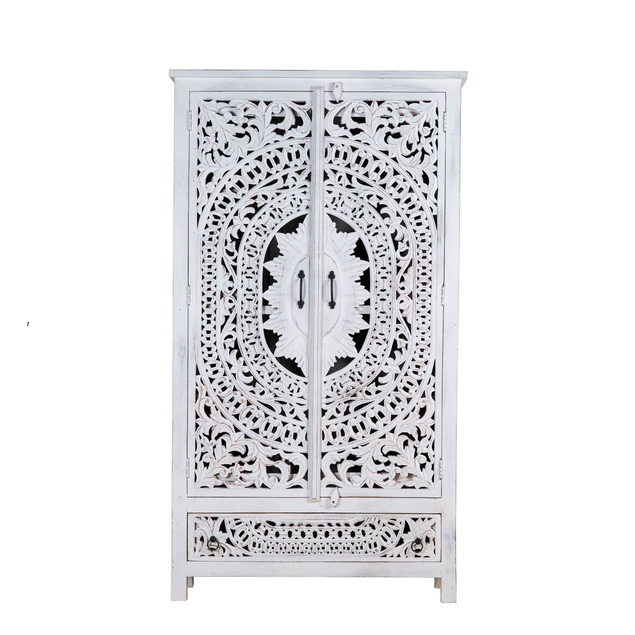 White background image of a hand-carved wooden wardrobe in white-wash finish, perfect for a boho chic living room or bedroom storage.