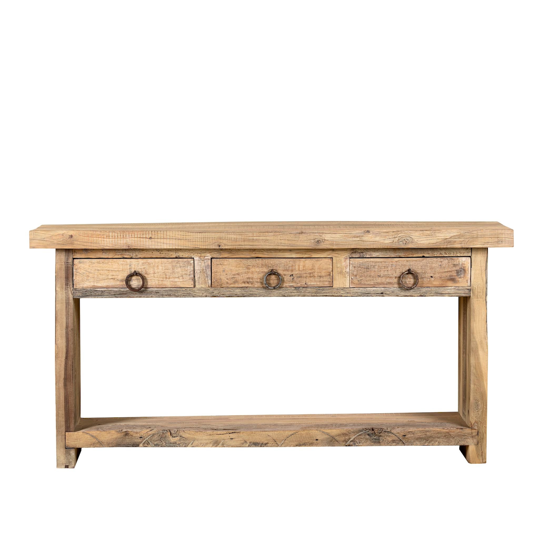 White background image of a rustic console table crafted from reclaimed teak wood, featuring a natural weathered finish, three drawers with metal ring pulls, and a lower shelf for additional storage or display, blending simplicity with organic charm.
