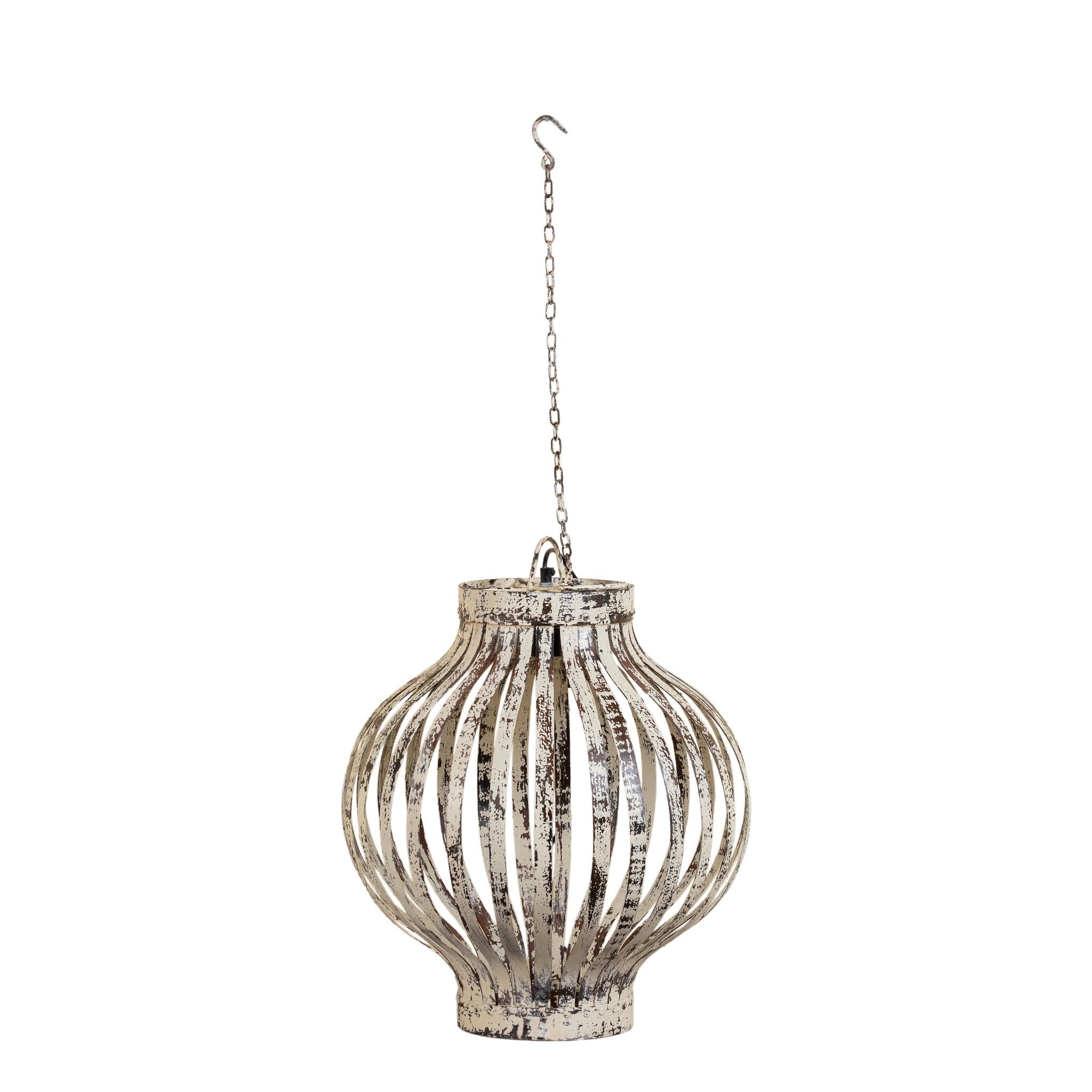 White background image of a Daiwik whitewashed metal pendant light with sculptural openwork lantern design and iron chain—an eye-catching example of hand crafted metal lamps and artisan metal pendant lights.