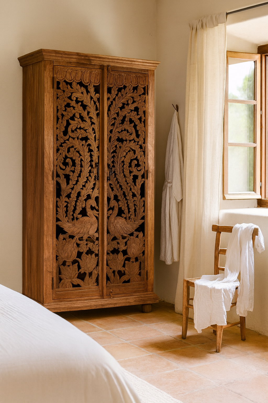 Hand-carved mango wood cupboard with Indian peacock design motifs, Mediterranean-style wardrobe; elegant mango wood furniture, 190 × 100 × 40 cm.