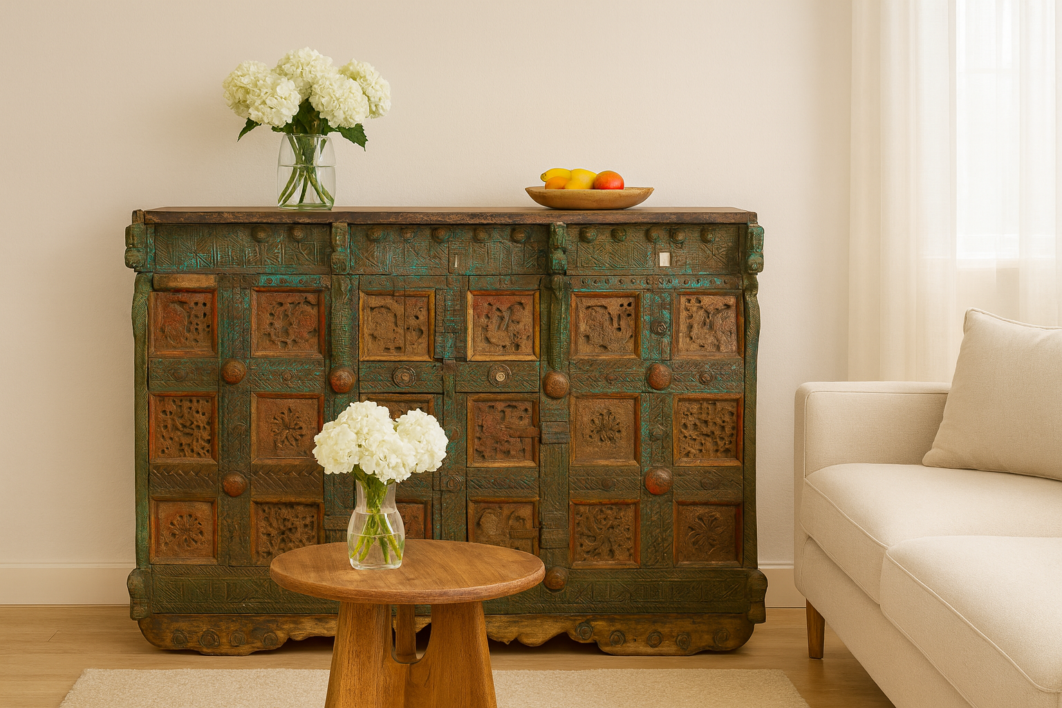 Lifestlye imagination of a classic Indian furniture Damchya chest, reclaimed teak wood with hand-carved details and iron fittings; perfect for bohemian interior décor, 130 × 66 × 110 cm.