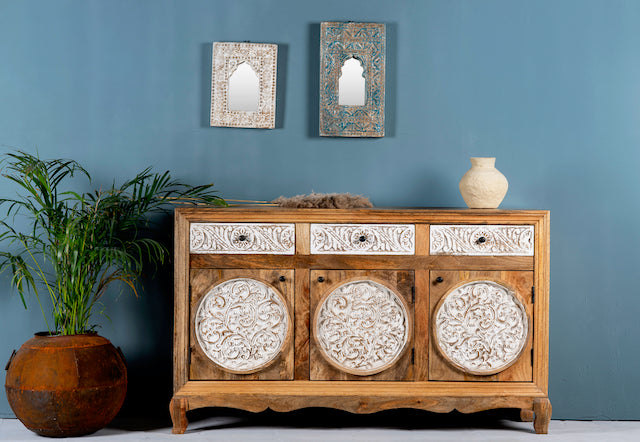 Hand carved wooden sideboard made from mango wood with floral carvings and curved base, mango wood furniture with storage, 150 × 40 × 95 cm.