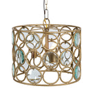 White background image of a round unique pendant light with shiny brass-plated iron frame and magnifying glass inserts – vintage lighting with elegant three-light design for kitchens, dining areas, or living rooms.