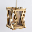 Side angle image of a Tapered pendant lamp with wood, brass cladding, and tinted glass panels – vintage lighting meets modern design, ideal for use as an iron pendant lamp in living rooms, dining areas, or entryways.