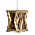 A contemporary style pendant lamp with a tapered design, featuring a combination of wood and brass materials, and tinted glass panels.