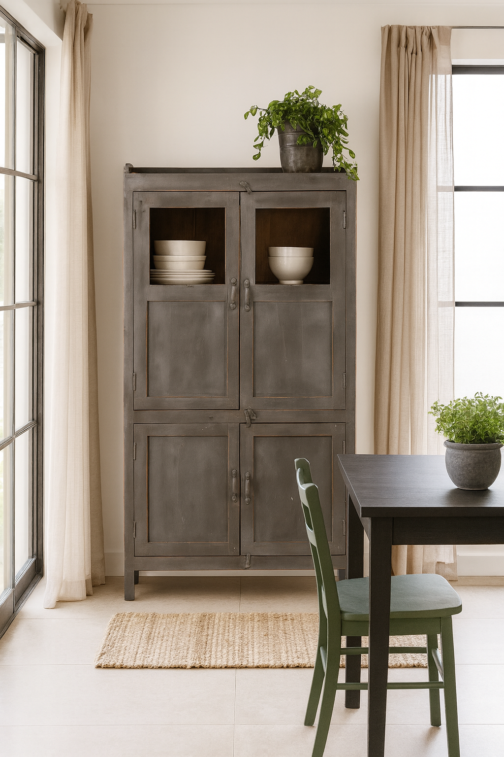 Lifestyle image of a shabby chic teak wood cabinet with glass doors and natural reclaimed finish – sustainable furniture ideal for vintage-style dining and living spaces.