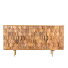 White background image of a handcrafted mango wood sideboard with hexagonal inlay design and brass-finished legs—artisanal bedroom furniture combining craftsmanship and modern elegance.