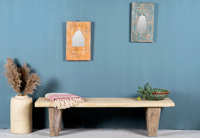 Rustic teak bench made from reclaimed antique wood, restored natural finish; sustainable furniture, 160 × 52 × 40 cm.