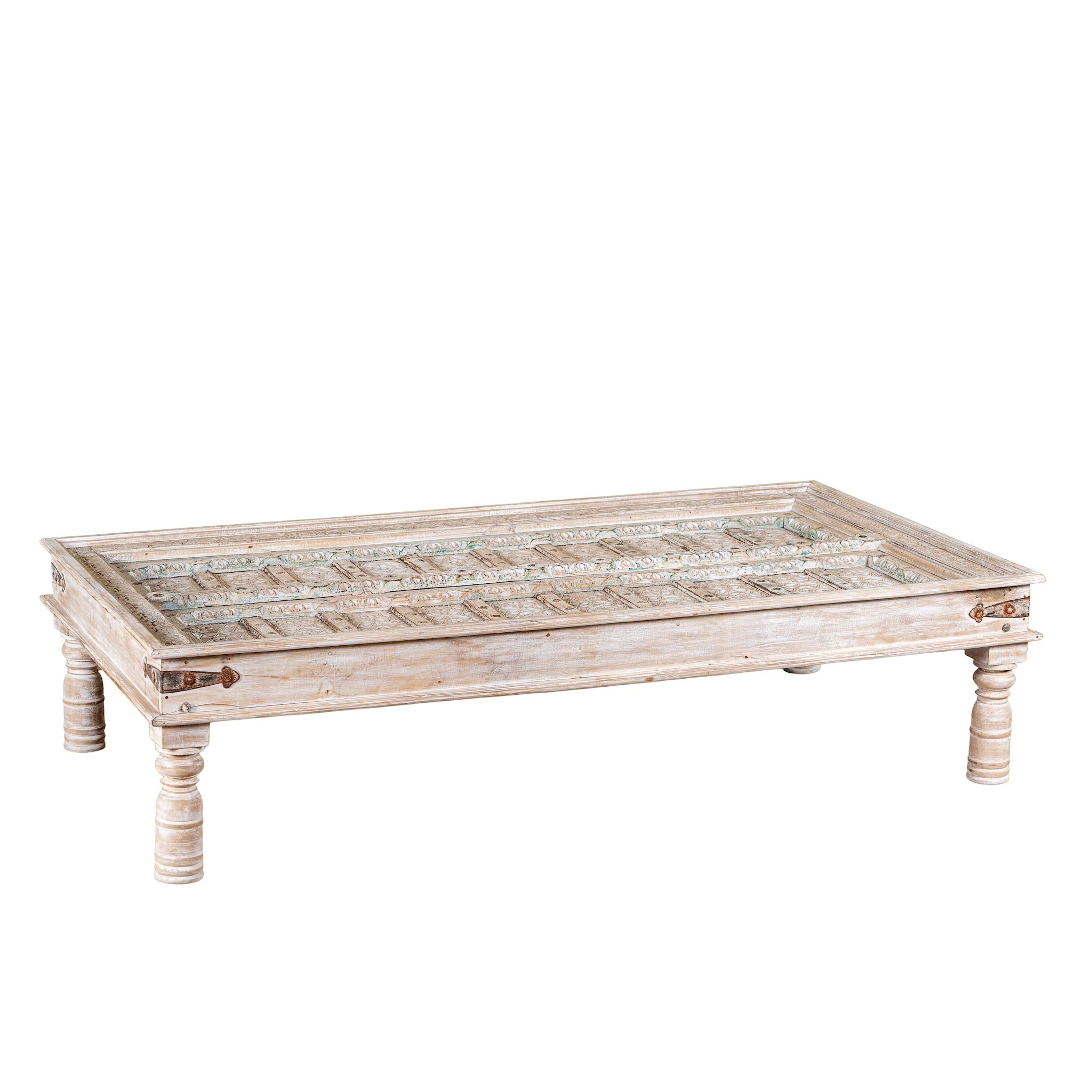 White background image of a white washed old door coffee table made of antique teak wood; handcrafted Indian coffee table, 183 × 100 × 45 cm.