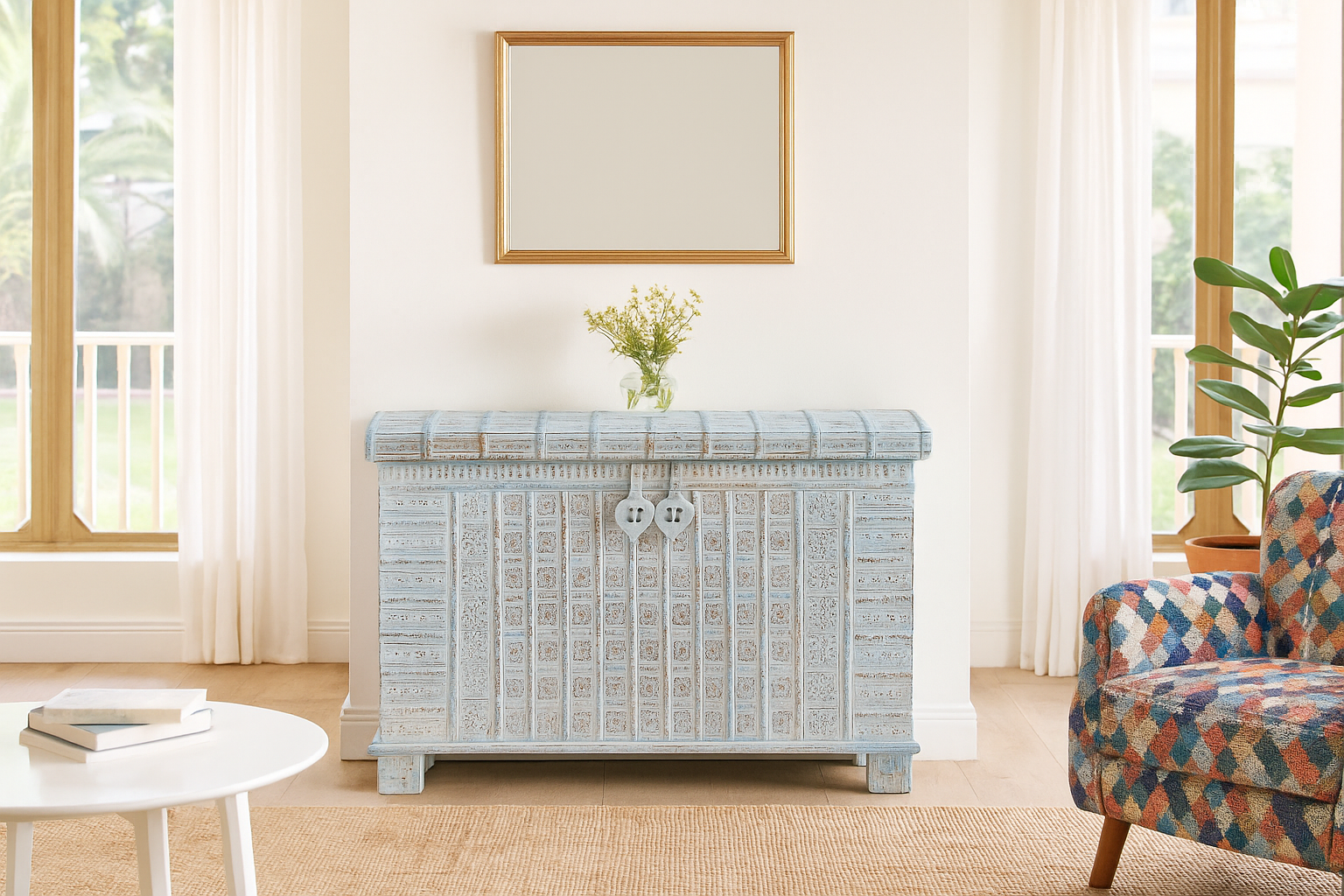 Lifestyle image of a antique Indian chest in blue with brass fittings – solid teak iron fitted wooden chest ideal for storing blankets, pillows, or decorative use.