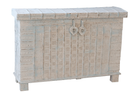 White background image of a antique Indian chest in blue with brass fittings – solid teak iron fitted wooden chest ideal for storing blankets, pillows, or decorative use.
