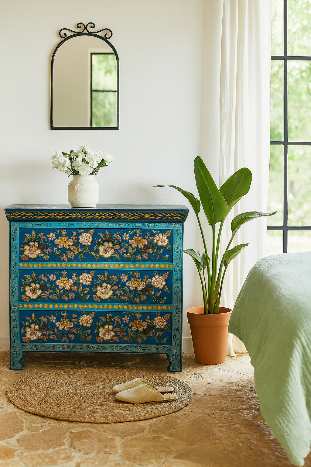 Lifestyle imagination of a hand-painted cupboard made of reclaimed wood with floral drawer fronts – Divisha model by Om Home & Garden