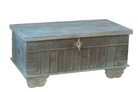 White background image of a antique Indian chest coffee table in blue with brass fittings – iron fitted wooden chest made from solid teak, ideal for living rooms with storage space.
