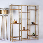 Modular brass-plated iron shelf with removable mango wood trays – minimalistic furniture and mango wood shelving for modern, practical interiors.