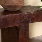 Close up image of a solid reclaimed wood full block bench with rustic finish, ideal for boho chic living room or hallway seating, 200×30×40 cm.