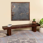 Side angle image of a solid reclaimed wood full block bench with rustic finish, ideal for boho chic living room or hallway seating, 200×30×40 cm.