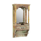 White background image of a vintage wooden mirror cabinet made from reclaimed wood with drawer and shelf; rustic bathroom furniture, 40 × 25 × 65 cm.