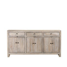 White background image of a sandblasted mango wood sideboard with 3 drawers and 4 cabinet doors; Mediterranean-inspired mango wood furniture, 180 × 40 × 90 cm.