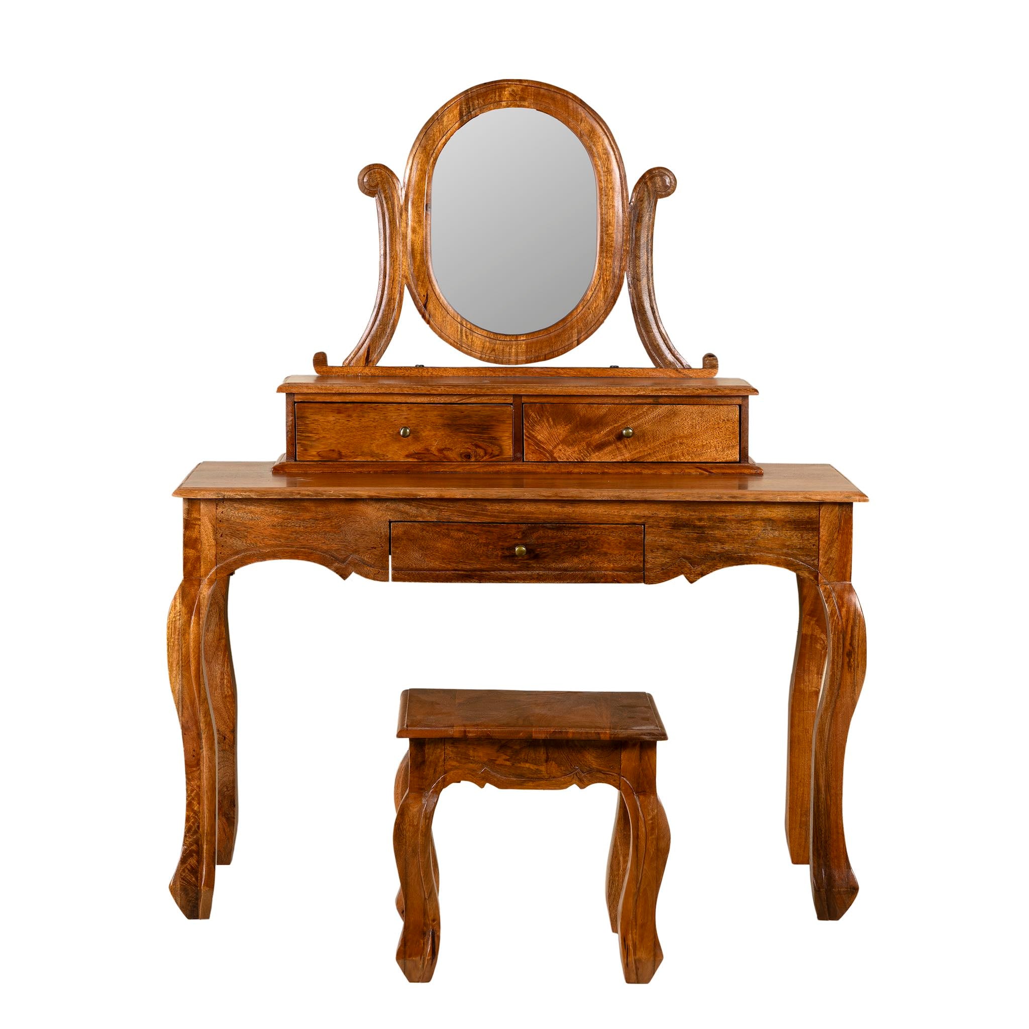 White background image of a handcrafted mango wood cosmetic table with a curved mirror and a matching chair.