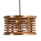 White background image of a multi-ring rustic pendant lamp made of mango wood with brass accents – a minimalistic style lighting piece ideal for dining areas, kitchens, or stylish open spaces.