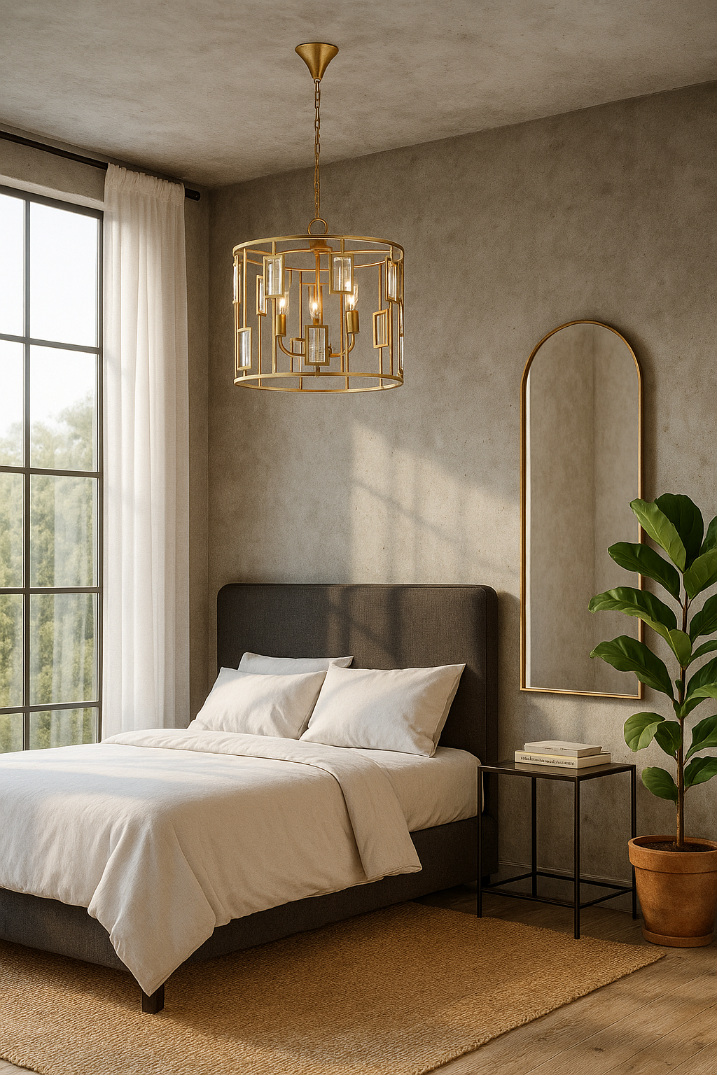 Lifestyle image of a unique pendant light with round shiny brass-plated frame and magnifying glass inserts – vintage lighting with three-light design for dining rooms, kitchens, or elegant interiors.