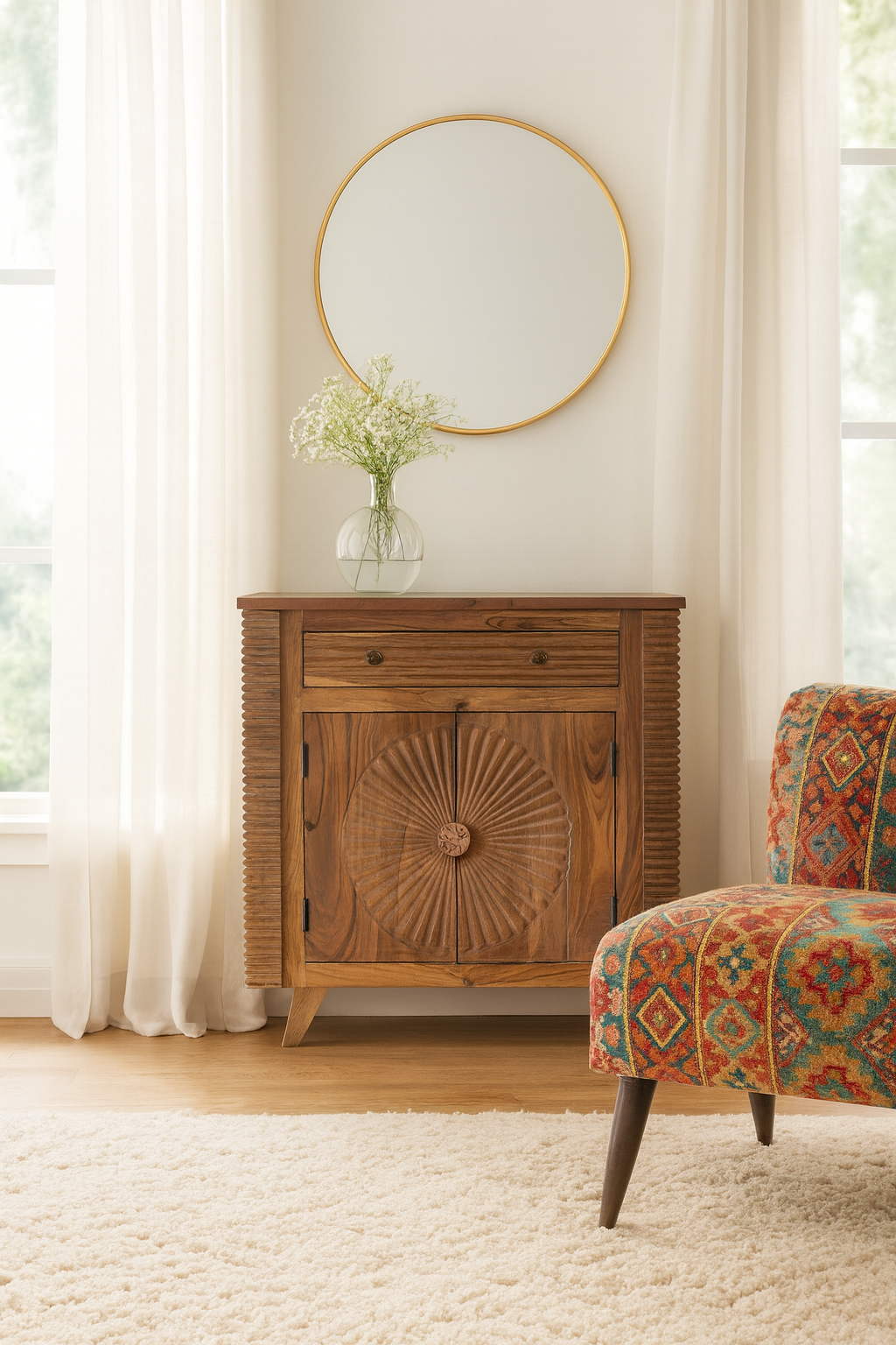 Lifestyle imagination of a acacia wood cabinet with hand-carved sunburst doors, grooved details, and one drawer, 90 × 40 × 90 cm.