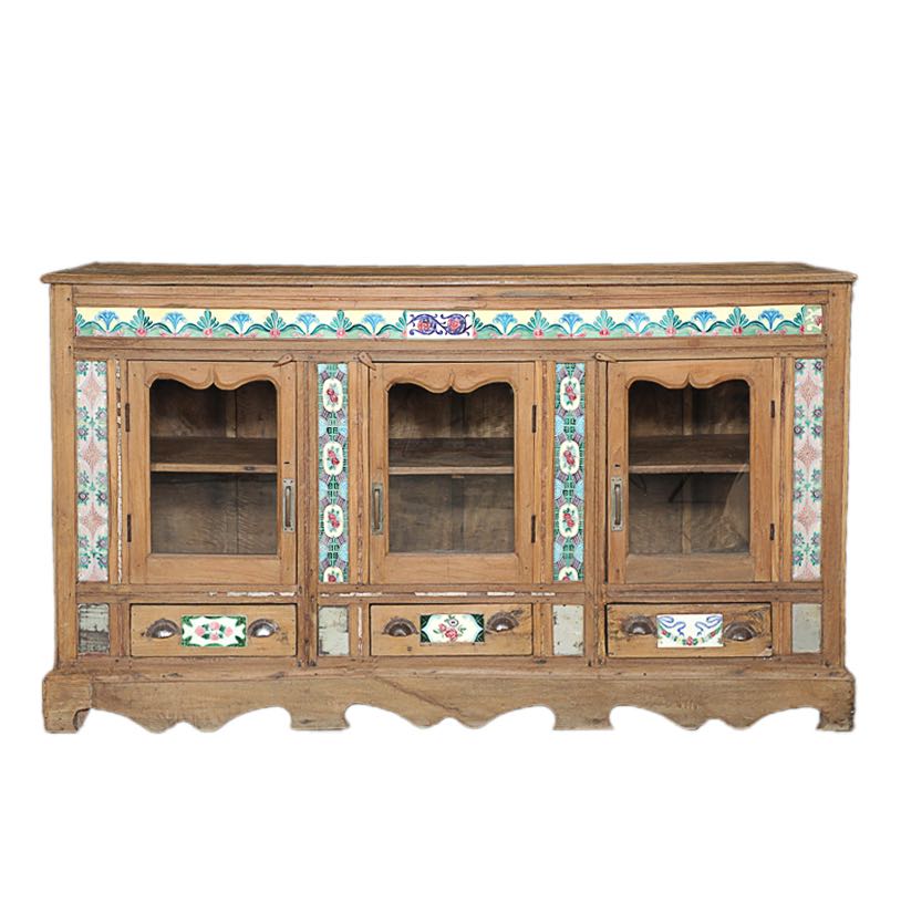 White background image of an antique Portuguese style South Indian glass display case made from reclaimed teak wood with ceramic inlays – sustainable teak wood furniture with historical and cultural elegance.