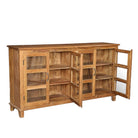 Side angle image with open doors of a recycled teak wood showcase sideboard with four glass-framed doors and six compartments – sustainable teak wood furniture offering timeless design and eco-conscious storage.