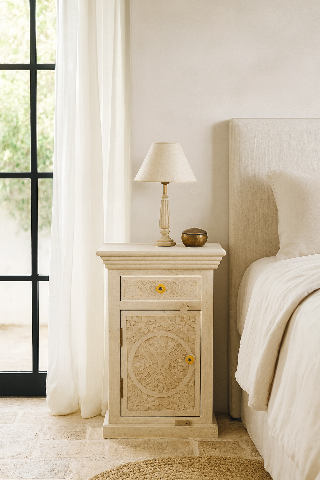 Lifestyle scene with a white washed pair of hand-carved nightstands made of sandblasted mango wood with floral Mediterranean patterns and one drawer – Hriday bedside tables by Om Home & Garden