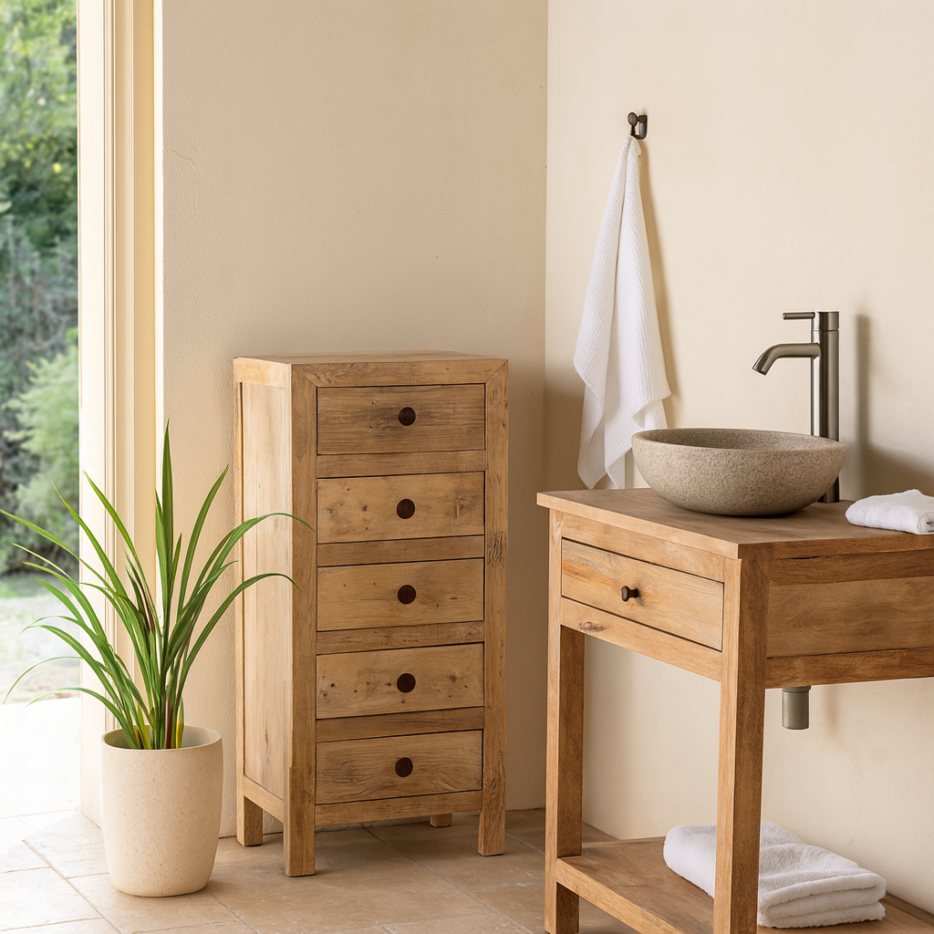 Lifestyle inspiration for a chest of 5 drawers made from reclaimed wood with rustic finish; Ibiza style sustainable furniture, 50 × 35 × 110 cm.