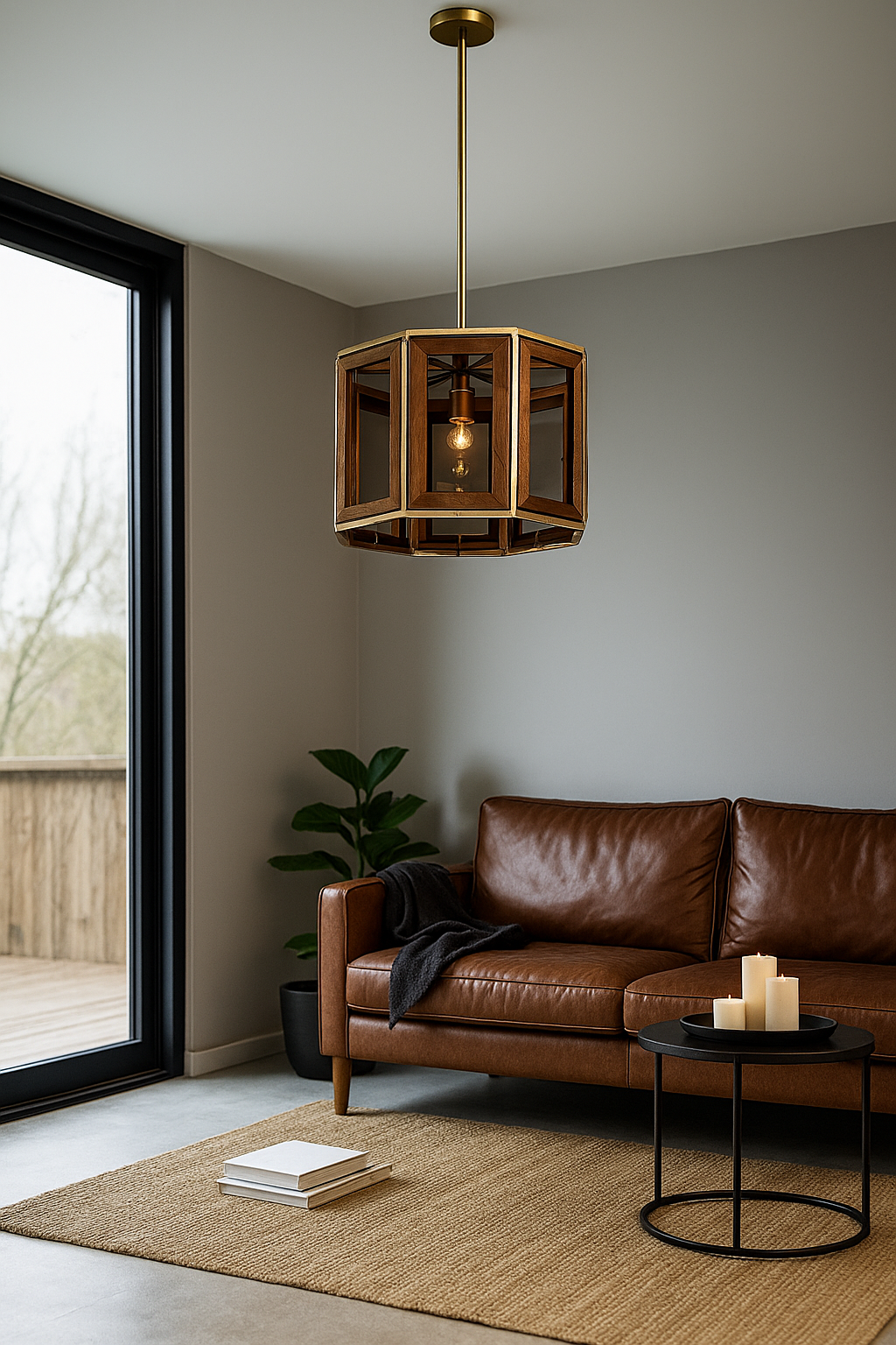 Lifestyle image of a octagon-shaped wooden pendant lamp with antique brass accents – handcrafted wooden lamp for industrial style lighting in dining or living spaces.