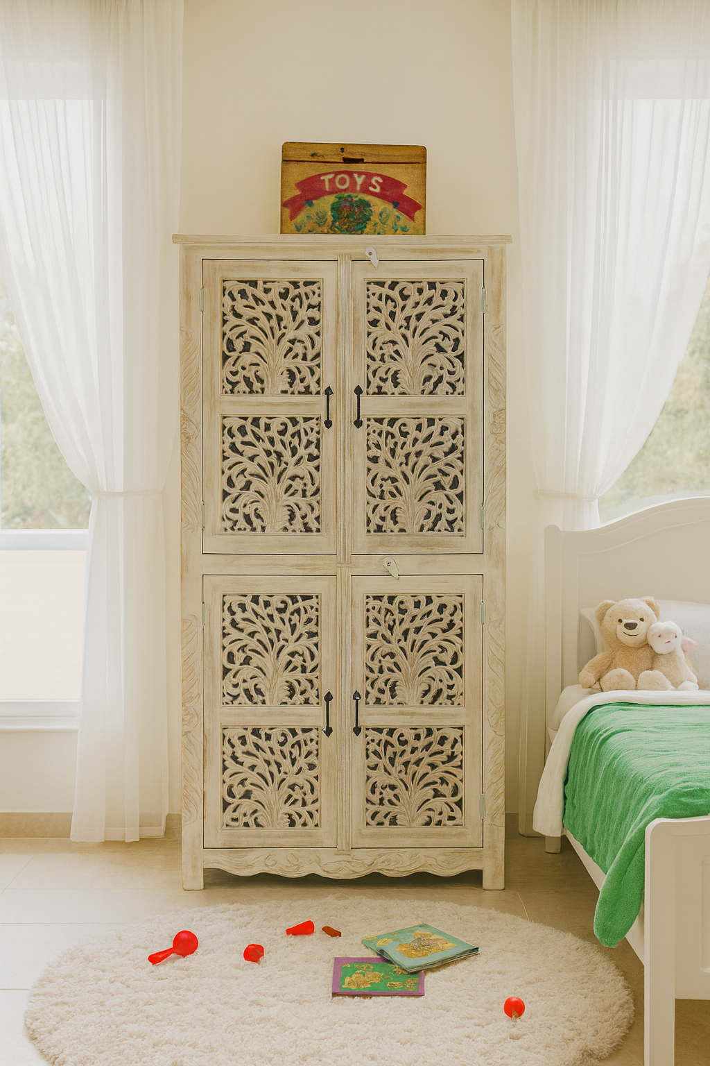 Lifestyle image of a hand-carved mango wood cabinet with white-washed finish – artisanal furniture combining Mediterranean design and functional elegance.