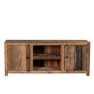 White background image of a rustic sideboard in Driftwood/Wabi Sabi style made from recycled old wood, featuring a natural, weathered finish with two cabinet doors and open central shelving.



