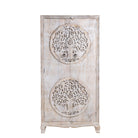 White background image of a hand-carved mango wood wardrobe with Tree of Life design, distressed finish, ideal for bohemian interiors, 90 × 40 × 180 cm.