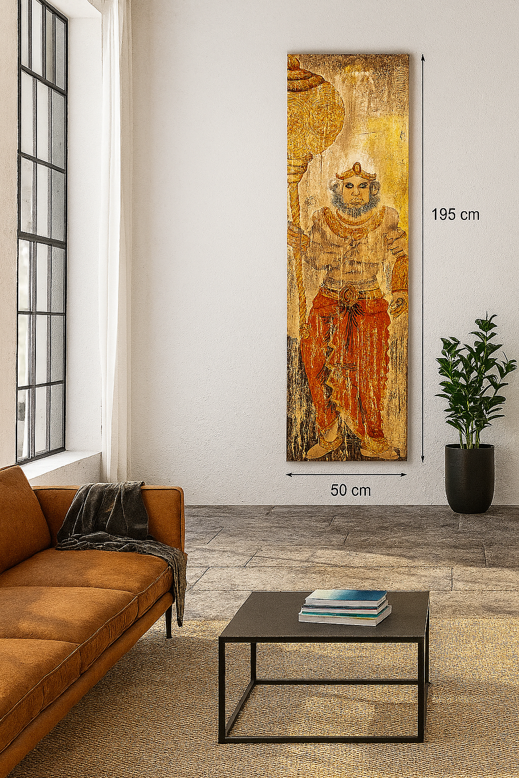 Lifestyle scene with a hand-painted vintage door panel measuring 54x3x195 cm, depicting the powerful figure of Lord Hanuman holding a golden mace, adorned in traditional attire with intricate jewellery, set against a distressed wooden background for an aged, sacred appearance.
