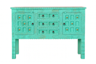 White background image of a green storage console table with carved mango wood doors and brass details; mango wood console table, 130 × 100 × 40 cm.