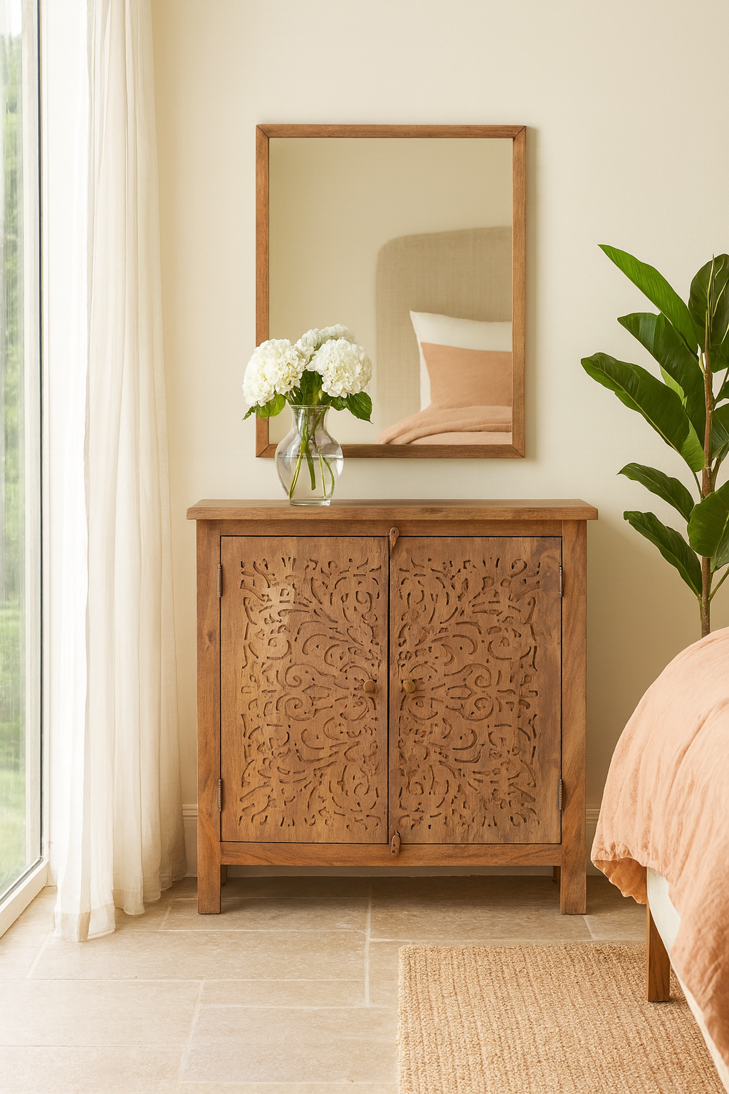 Lifestyle imagination of a carved acacia wood cupboard with floral cutout doors and brass knobs, 90 × 40 × 90 cm.