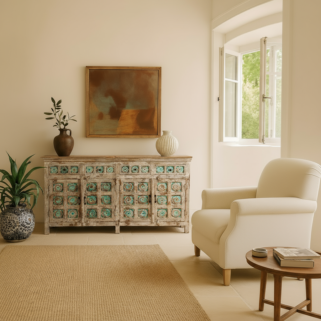 Lifestyle imagination of a hand-carved mango wood sideboard with green floral accents and vintage finish; perfect for bedroom furniture and bohemian interior style, 180 × 100 × 40 cm.