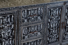 Close up image of a hand-painted black and white sideboard made of reclaimed wood – Kaira model by Om Home & Garden