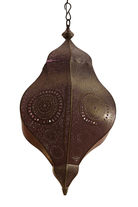 Wite background image of a hand-punched oriental metal pendant lamp Kairav in antique finish – 80 cm tall decorative lighting with intricate perforations, ideal for cosy ambient light.