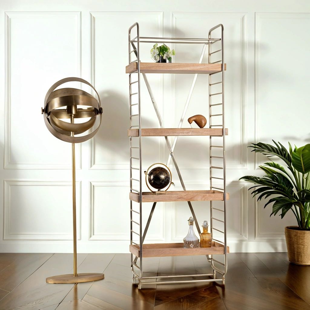 A brass-plated iron multi-tray shelf made from natural mango wood, with multiple drawers, positioned in a room with a plant and decorative items on it.